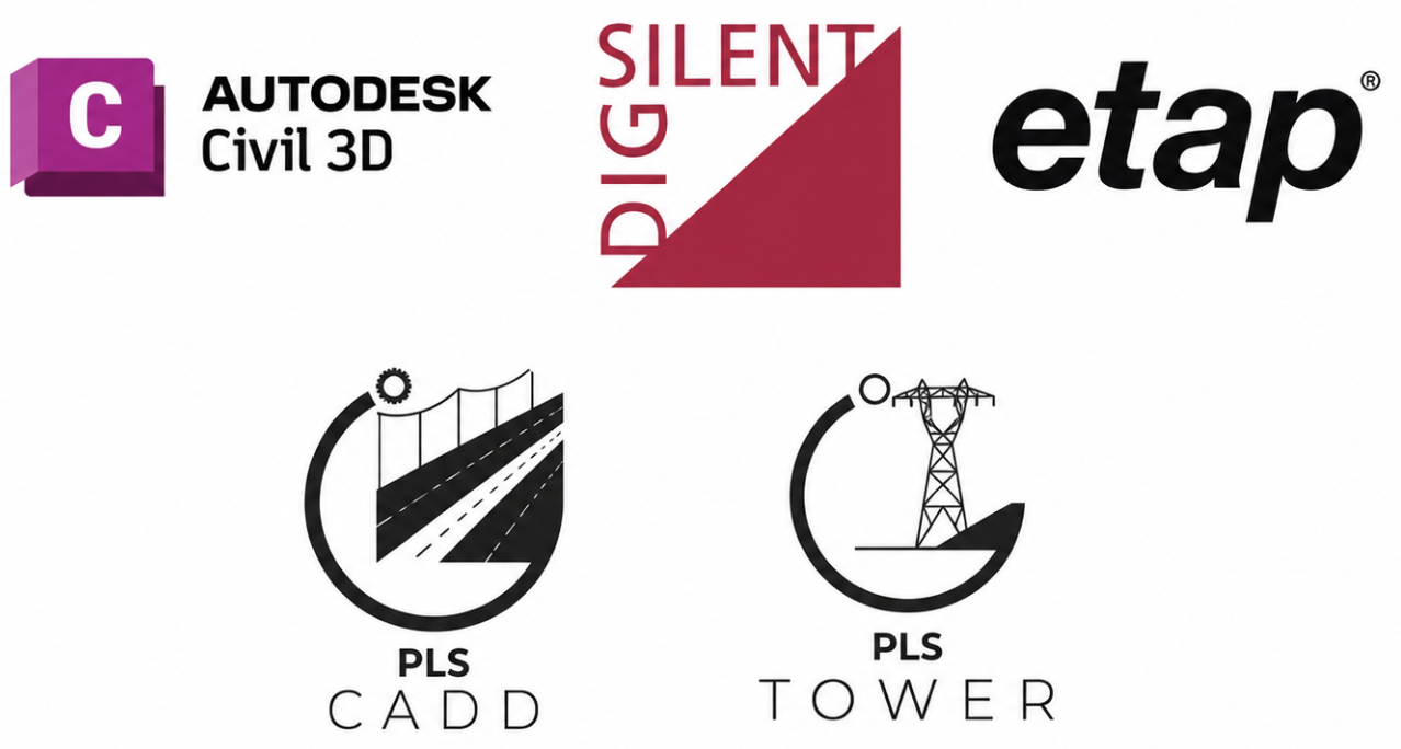 Software: Autodesk Civil 3D, DIgSILENT, ETAP, PLS-CADD, PLS-TOWER